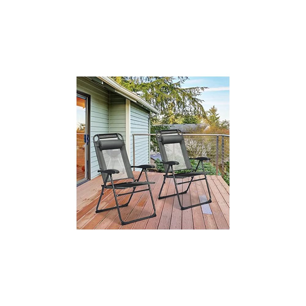 2 Piece Folding Chair Adjustable Recliner with Headrest Garden Gray