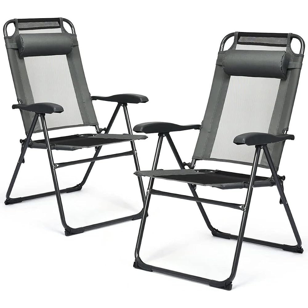 2 Piece Folding Chair Adjustable Recliner with Headrest Garden Gray