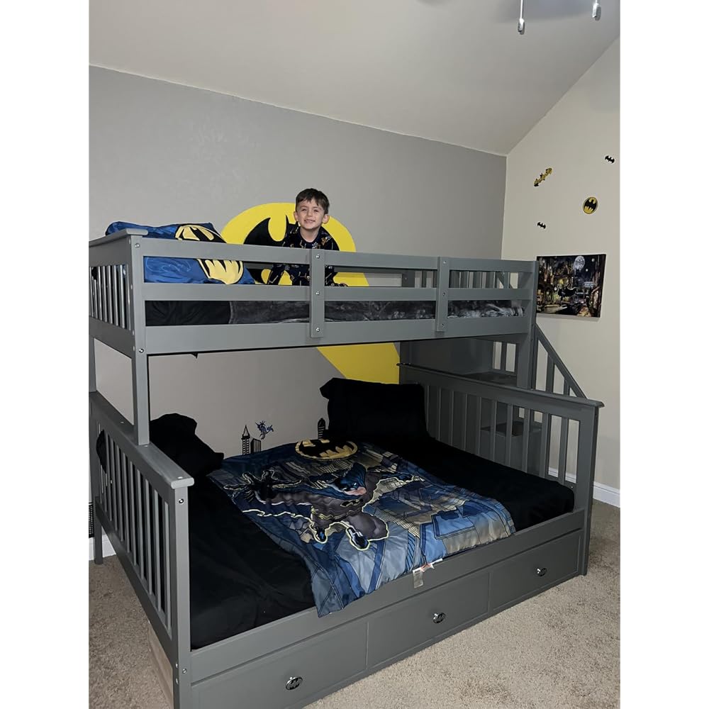Harper & Bright Designs Wooden Bunk Bed Twin Over Full with Drawers and Storage Stairs, Stairway Bunk Bed with Full-Length Guardrails for Bedroom, Convertible to 2 Beds, No Box Spring Needed, Gray