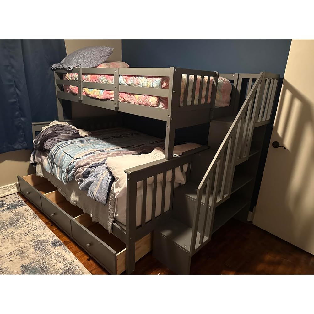 Harper & Bright Designs Wooden Bunk Bed Twin Over Full with Drawers and Storage Stairs, Stairway Bunk Bed with Full-Length Guardrails for Bedroom, Convertible to 2 Beds, No Box Spring Needed, Gray