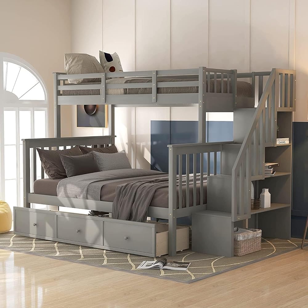 Harper & Bright Designs Wooden Bunk Bed Twin Over Full with Drawers and Storage Stairs, Stairway Bunk Bed with Full-Length Guardrails for Bedroom, Convertible to 2 Beds, No Box Spring Needed, Gray