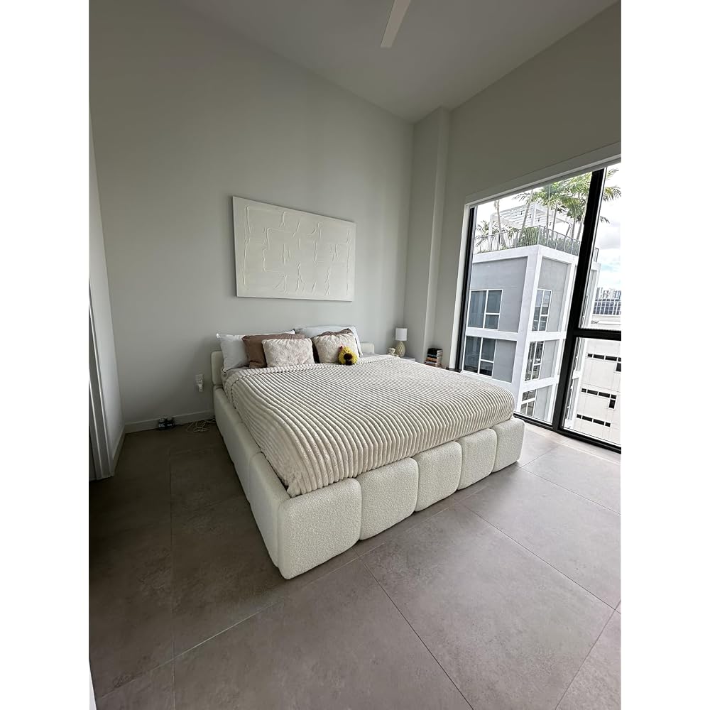 JIJIWANG King Size Platform Bed, Boucle Thick Headboard and Footboard, Upholstery Grounded Beds, Floor Bed Frame, Block Style, White
