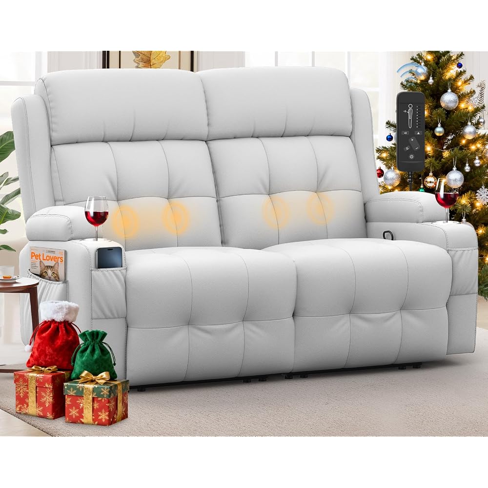 Loveseat Recliner, Oversized Massage Reclining Sofa Heavy Weight Capacity, RV Love Seat Chair Clearance with Storage, Cup Holders, Wall Hugger Couches for Living Room, Light Gray