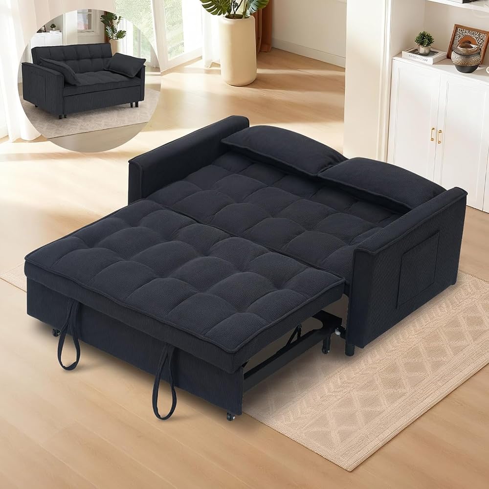 Anwick 3 in 1 Convertible Sofa Bed, Pull Out Couch Bed with Reclining Backrest and 2 Pillows, 54" Full Size Loveseat Sleeper Sofa Futon Couches Bed for Small Spaces, Living Room (Corduroy, Dark Grey)
