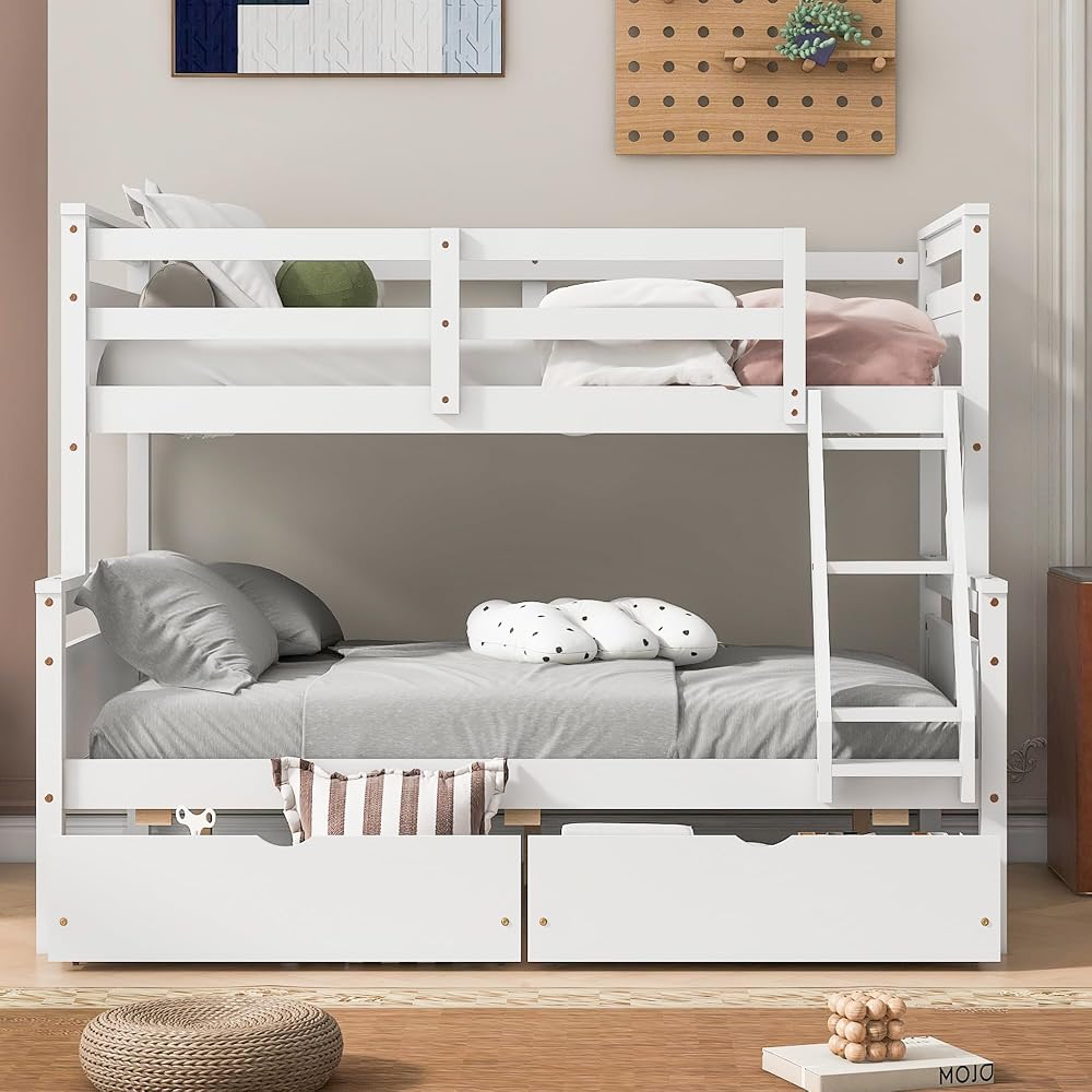 Merax Twin Over Full Bunk Bed with Two Storage Drawer, Removable Ladder and Safety Guardrail, Convertible to 2 Separated beds (White)