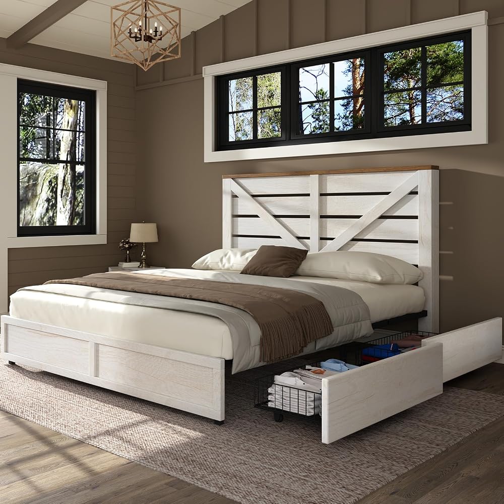 AMERLIFE Full Size Farmhouse Bed Frame with 4 Drawers & Barn Door Headboard