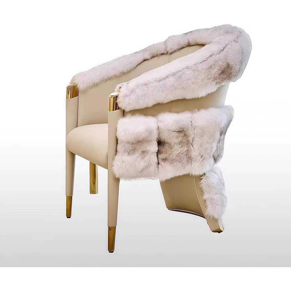 Luxury Faux Fur Accent Chair with Upholstered Leather Seat & Gold Metal Legs, Modern Dining Lounge Chair for Living Room, Bedroom, Vanity & Hotel Seating