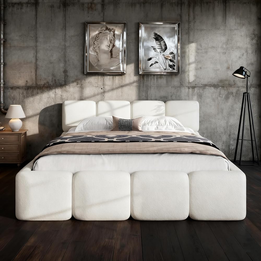 JIJIWANG King Size Platform Bed, Boucle Thick Headboard and Footboard, Upholstery Grounded Beds, Floor Bed Frame, Block Style, White
