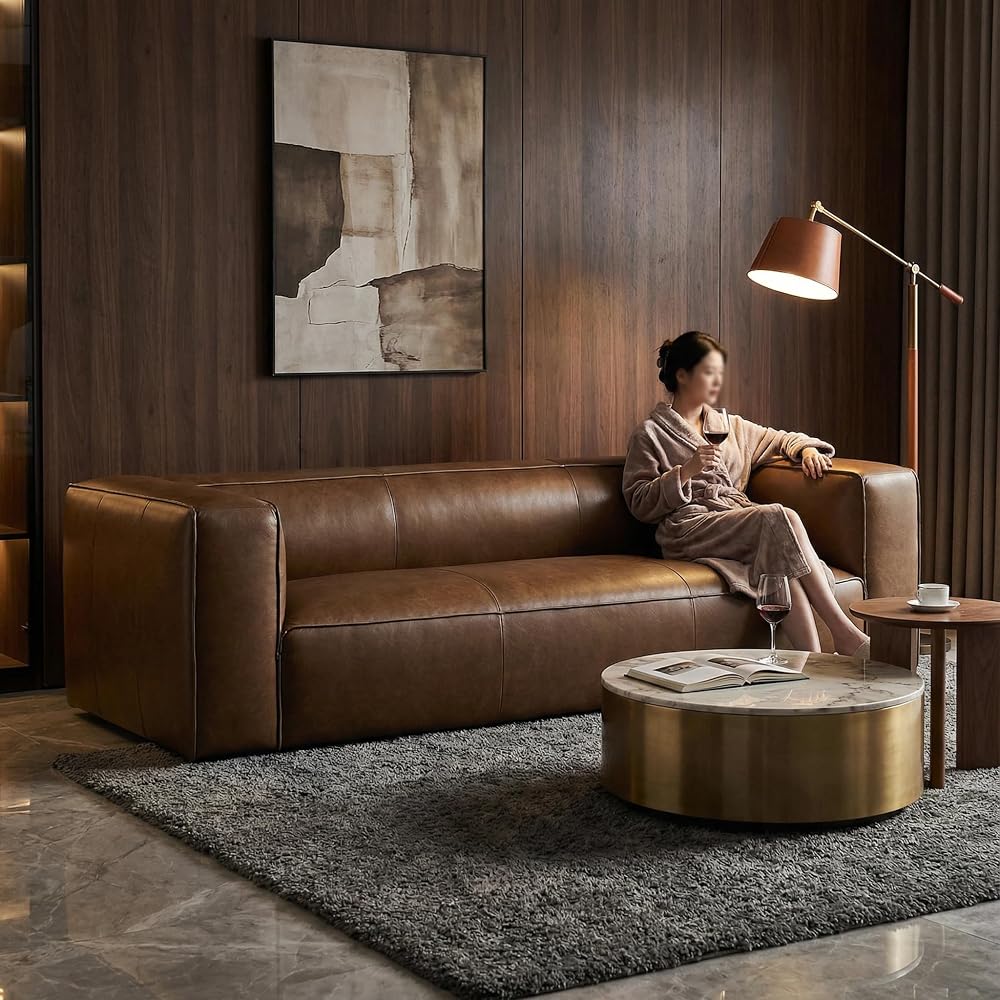 Leather Sofa, 92.5”, Solid Wood Frame, Vintage, for Living Room, Indoor Use