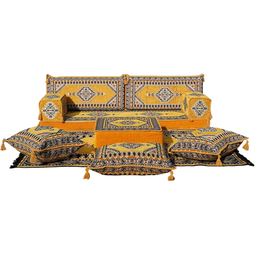 arabicsofa Ethnic Yellow Loveseat Floor Seating Sofas – Bohemian Style Floor Cushions Set